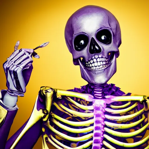 Image similar to a detailed professional portrait of a fancy skeleton with expressive features and metallic teeth, metal teeth, professional photography, longshot, full portrait, skeleton in a suit, purple glowing eyes