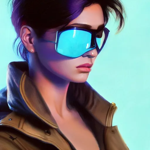 Image similar to very detailed masterpiece closeup painting of a very beautiful young mexican cyberpunk woman with light blue shutter shades, one side haircut, brown hair with light blue ends, purple leather jacket, beauty mark on cheek, portrait, synthwave background, artstation, concept art by greg rutkowski