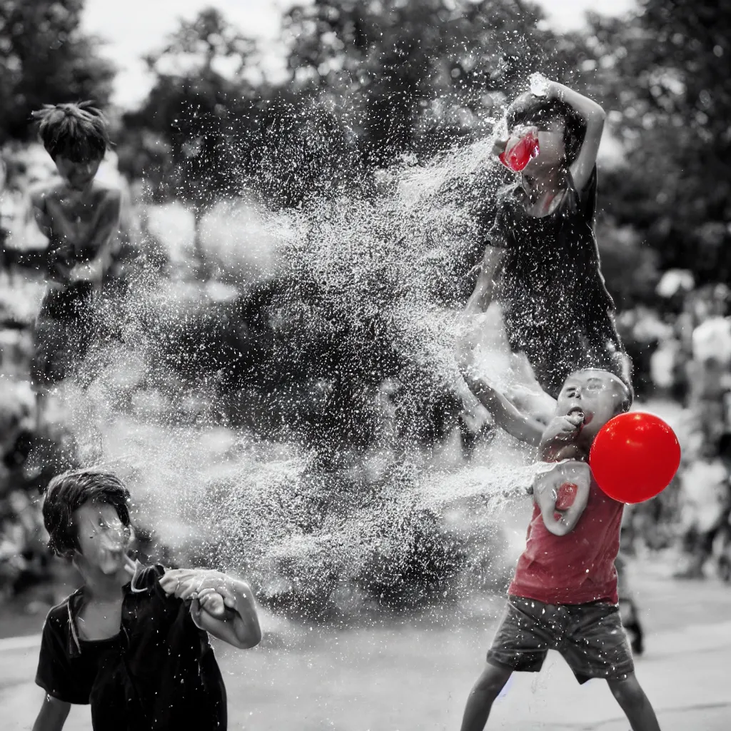 Image similar to close up photo of a young person being hit in the face by a water balloon, ultra fast shutter, 25mm sigma, kodachrome