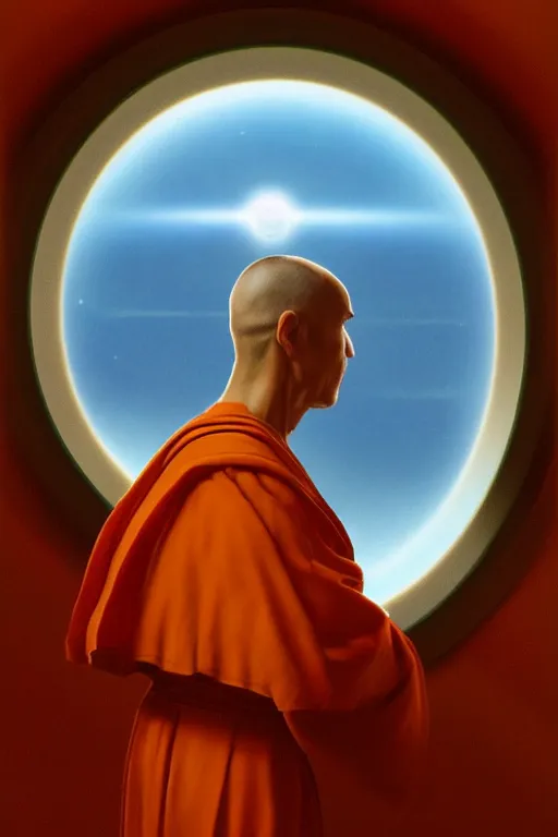 Prompt: portrait of a monk in a spaceship, looking out of a round window at nebula, orange robe, dramatic lighting, artstation, matte painting, ralph mcquarrie