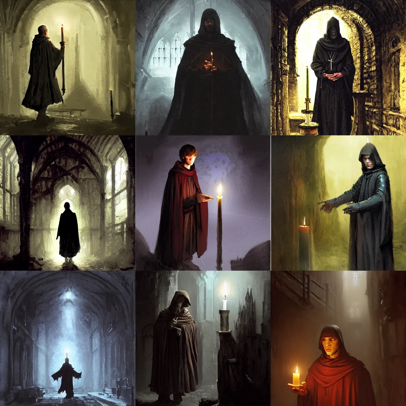 Prompt: jesse eisenberg as an enigmatic medieval christian ( ( monk ) ) in a dark underground city. dark shadows, colorful, candle light, law contrasts, ( ( natural light ) ) ) fantasy concept art by jakub rozalski, jan matejko, and j. dickenson