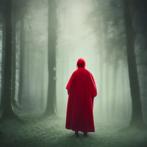 Image similar to a high detailed photo of a lady in a red cloak, seen from behind, ancient forest, mist, 35mm, photorealistic, realistic, deviantart, gloomy atmosphere, high definition