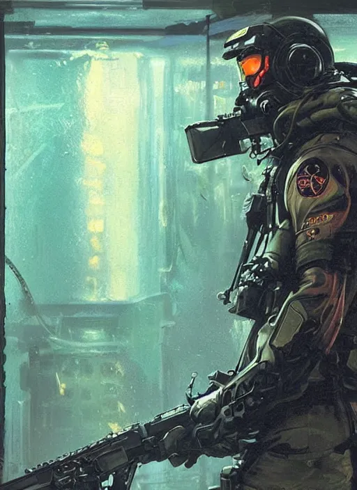 Image similar to Hector. USN blackops operator infiltrating oil rig. Operator wearing Futuristic cyberpunk tactical wetsuit. Frogtrooper. rb6s, MGS, and splinter cell Concept art by James Gurney, greg rutkowski, and Alphonso Mucha. Vivid color scheme.