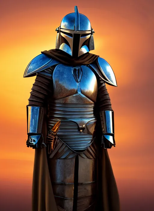 Image similar to medieval black knight armour with Mandalorian helmet, ornate filigree armor, desert dunes, sunset clouds, sunset halo behind head, hypermaximalist, fantasy character concept, dynamic lighting, blurry, hyperrealism 8k