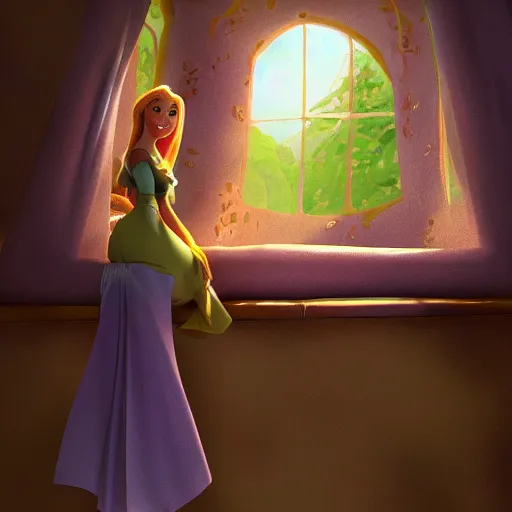 Prompt: rapunzel sadly looking out tower window, artstation, pixar.