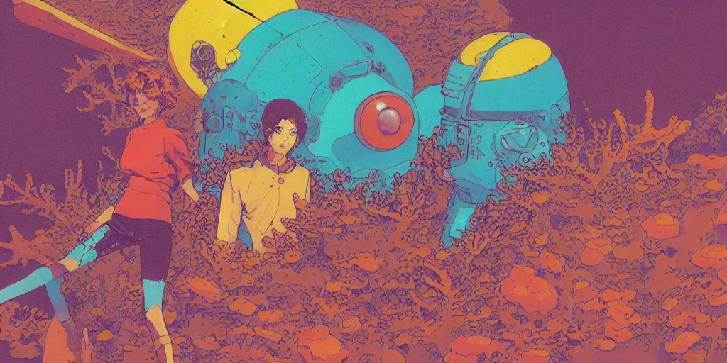 Image similar to risograph grainy drawing vintage sci - fi, satoshi kon color palette, gigantic gundam full - body covered in dead coral reef, 1 9 8 0, kodachrome, natural colors, comicbook spreadsheet, codex seraphinianus painting by moebius and satoshi kon and dirk dzimirsky close - up portrait