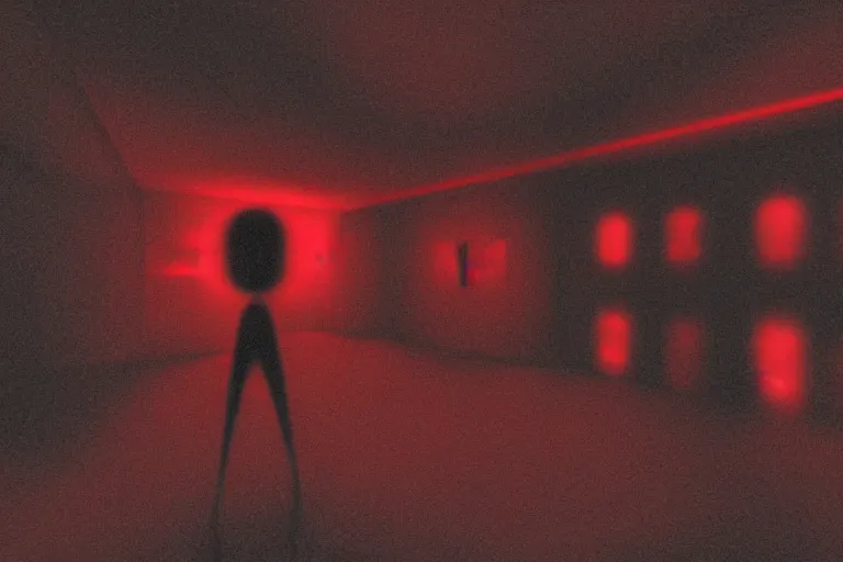 Prompt: cctv of an extremely dark empty room with glowing humanoid cryptid monster made out of static, dark deep black shadows, red and black color contrast in the style of trevor henderson and james ensor goya, liminal space, 3 d octane render, glitch effect