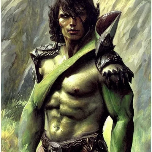 Image similar to medieval, attractive muscular male half elf half orc character design, armor, green skin, painting by gaston bussiere, craig mullins, j. c. leyendecker, tom of finland