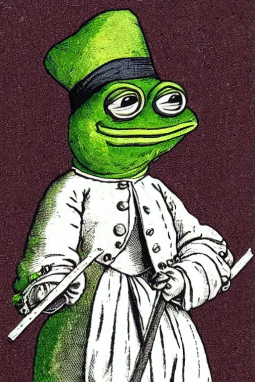 Image similar to pepe the frog in 1 7 5 8 uniform of the 6 5 th regiment of foot with tricorne hat