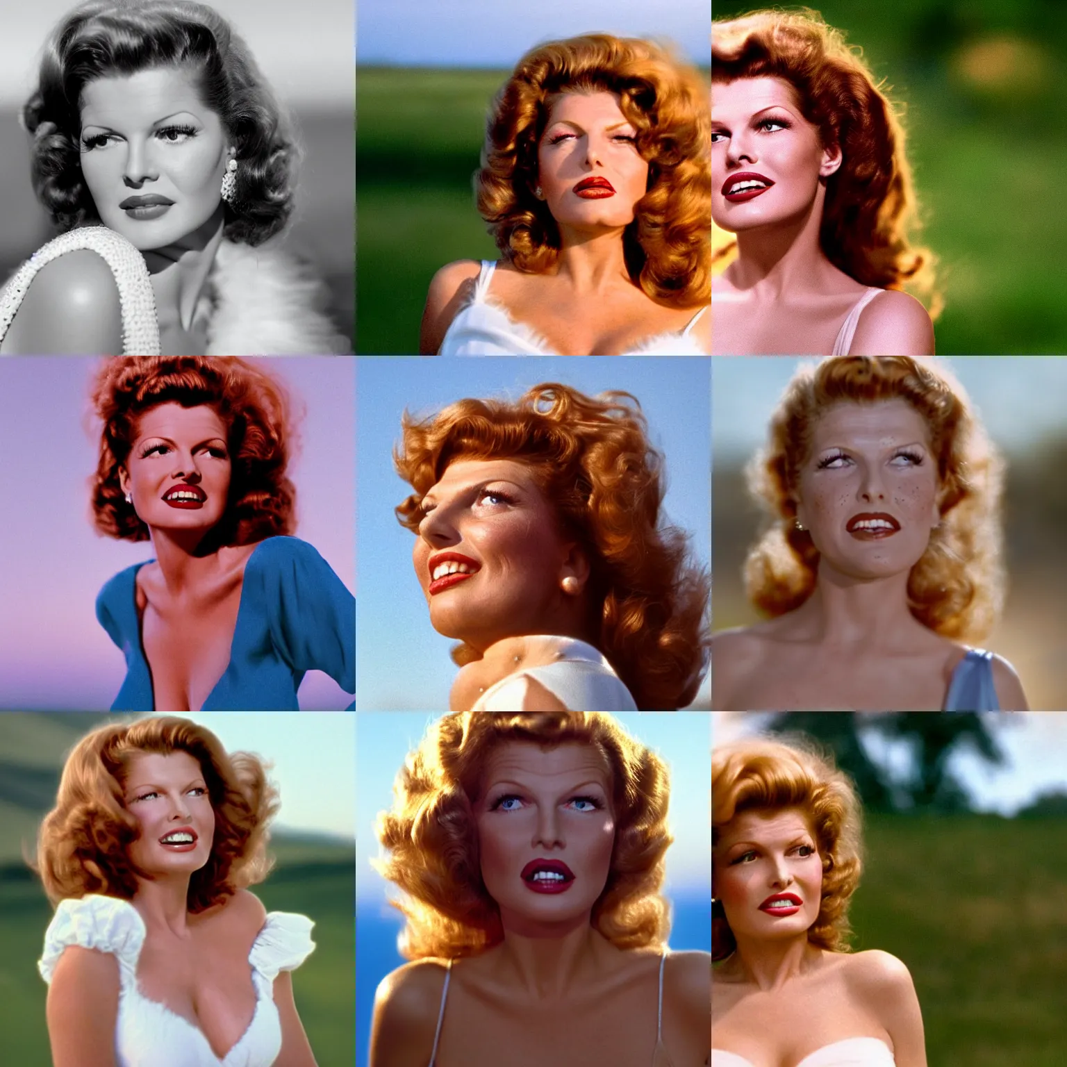 Prompt: hyperrealistic close up shot of rita hayworth in a 2 0 0 5 romantic comedy. she stands in a white dress and looks on the horizon with the winds moving her hair. fuzzy blue sky in the background. small details, imperfections on the skin, freckles, beauty spots, natural lighting, 8 5 mm lenses, sharp focus, 8 k