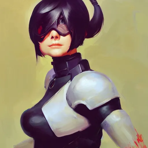 Prompt: greg manchess portrait painting of 2 b nier automata as tracer from overwatch, organic painting, sunny day, matte painting, bold shapes, hard edges, street art, trending on artstation, by huang guangjian and gil elvgren and sachin teng