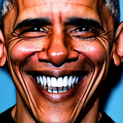Image similar to scary photograph of barack obama with horrible teeth, close - up photograph taken on an iphone 4, flash lighting, 4 k
