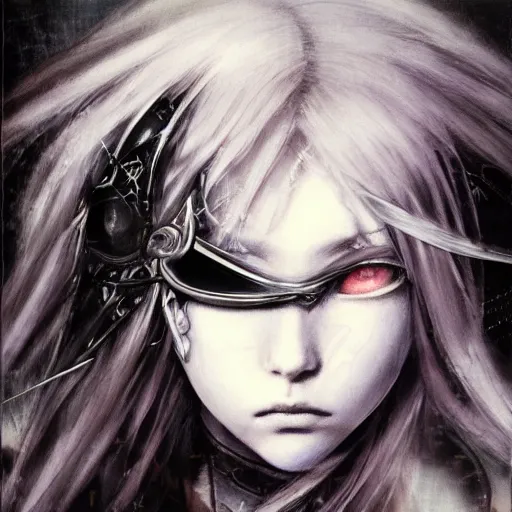 Image similar to Yoshitaka Amano blurred and dreamy illustration of an anime girl with pirate eye patch, wavy white hair and cracks on her face wearing Elden ring armour with the cape fluttering in the wind, abstract black and white patterns on the background, noisy film grain effect, highly detailed, Renaissance oil painting, weird portrait angle