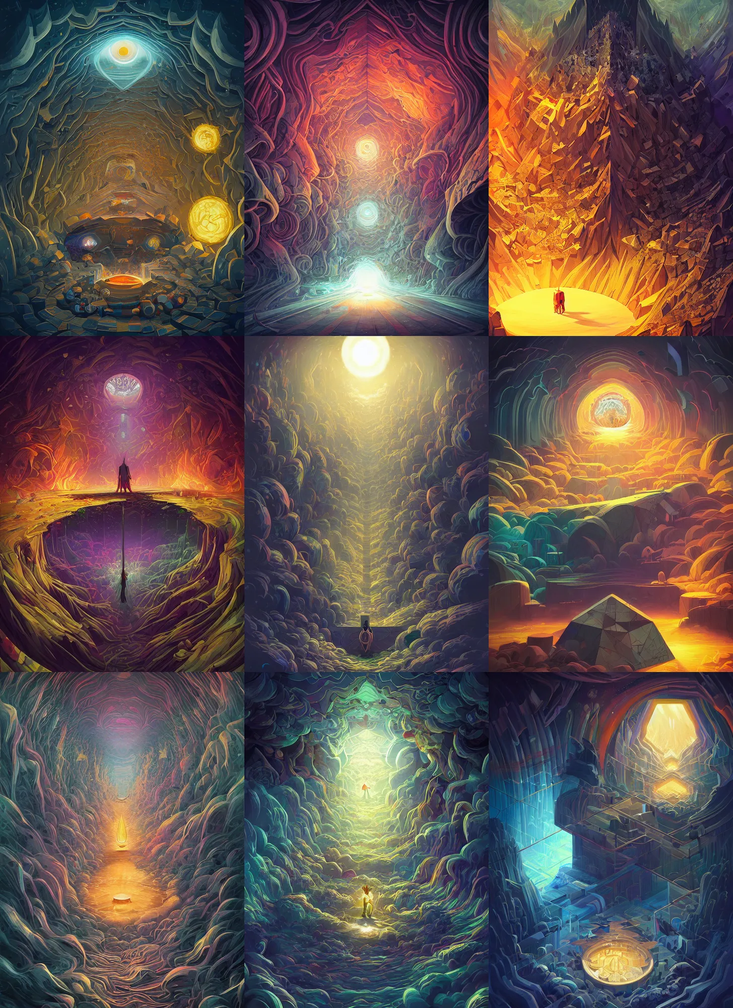 Prompt: Hyperdetailed Geometric Soul od Darkness And Light, in style of Cyril Rolando, Dan Mumford, M.W Kaluta, 8k resolution, Chaotic Composition, Dark Magic, Flames of Darkness and Light, Black Abyss, Magic Spell Portal