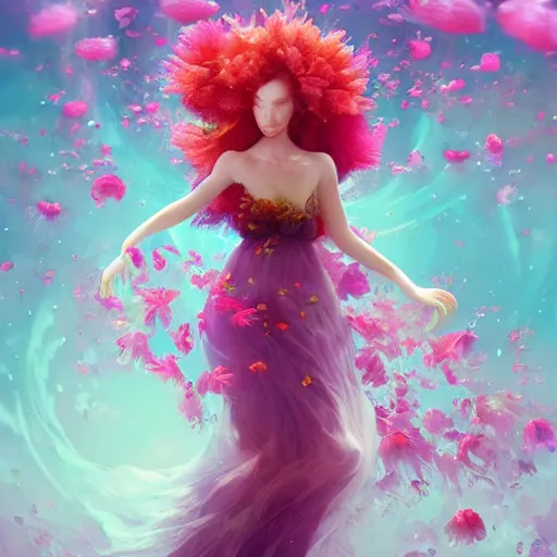 Image similar to Ginger woman in a swirling sundress of flowers, underwater, floral explosion, radiant light, vortex of plum petals, by WLOP and artgerm, artstation, deviantart