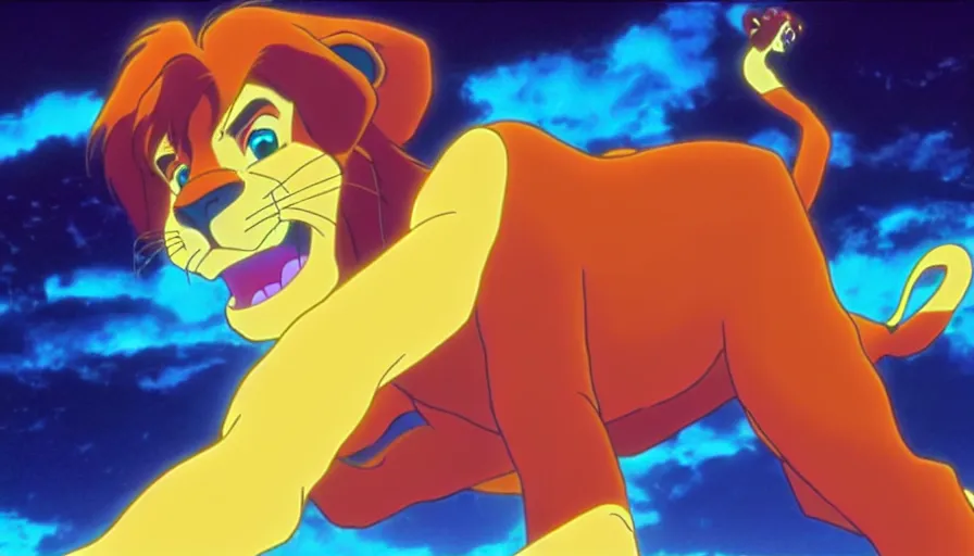 Image similar to simba from the lion king in a long shot still from the anime neon genesis evangelion, 4 k, neon genesis evangelion official media, high quality, hideaki anno anime