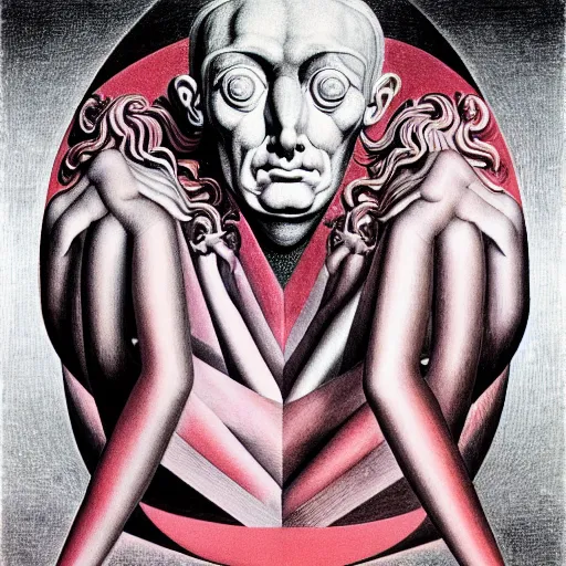 Prompt: red and pink graphic conceptual post - mortem monumental portrait made by escher and william blake and salvador dali, highly conceptual art, intricate detailed painting, illustration sharp detail, manga 1 9 9 0