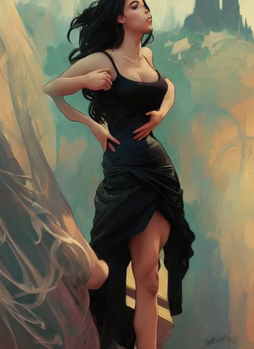 Image similar to gorgeous michi wearing a black tight dress, nice body figure, digital painting, artstation, concept art, sharp focus, illustration, art by artgerm and greg rutkowski and alphonse mucha