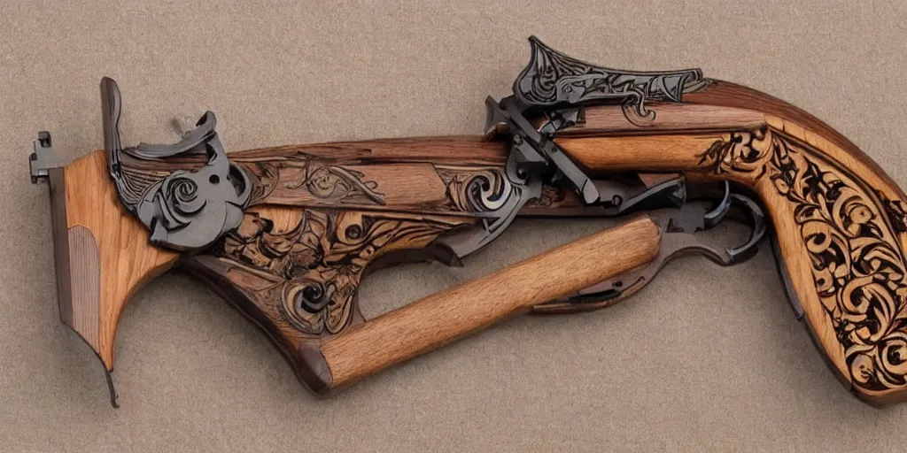 Image similar to a magic gun made out of wood, intricate details, professional