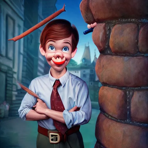 Image similar to Brian Stelter from CNN as Pinocchio boy with a long nose, Disney digital art, hyper realistic, highly detailed, cinematic lighting, artstation, sharp focus