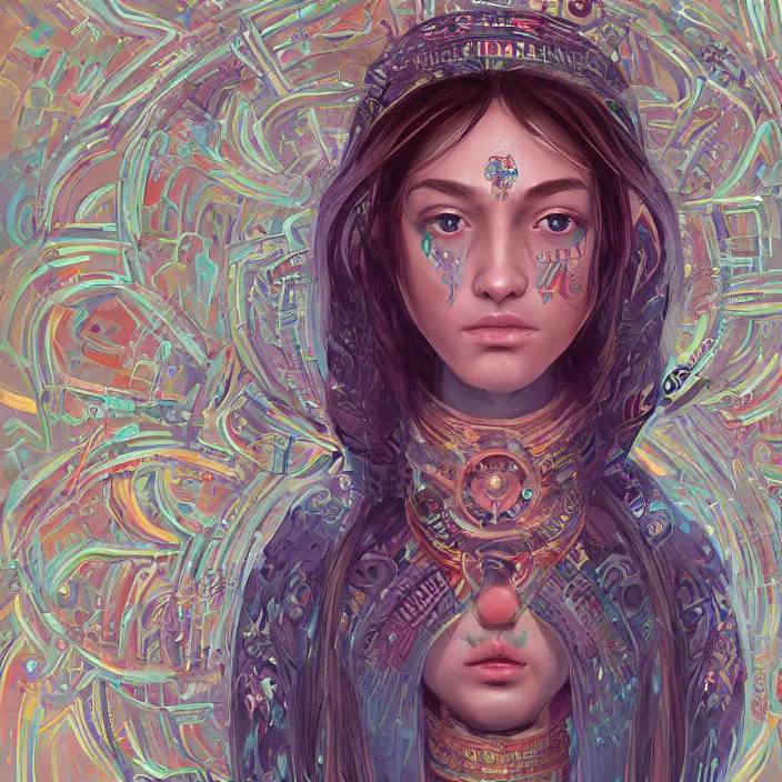 Image similar to portrait of a future metaverse ayahuasca tech shaman warrior, 2 d cartoon, visionary art, symmetric, magick symbols, holy halo, shipibo patterns, sci - fi, concept art, trending on art station, 8 k digital art, by mandy jurgens, fantasy portrait art, anime