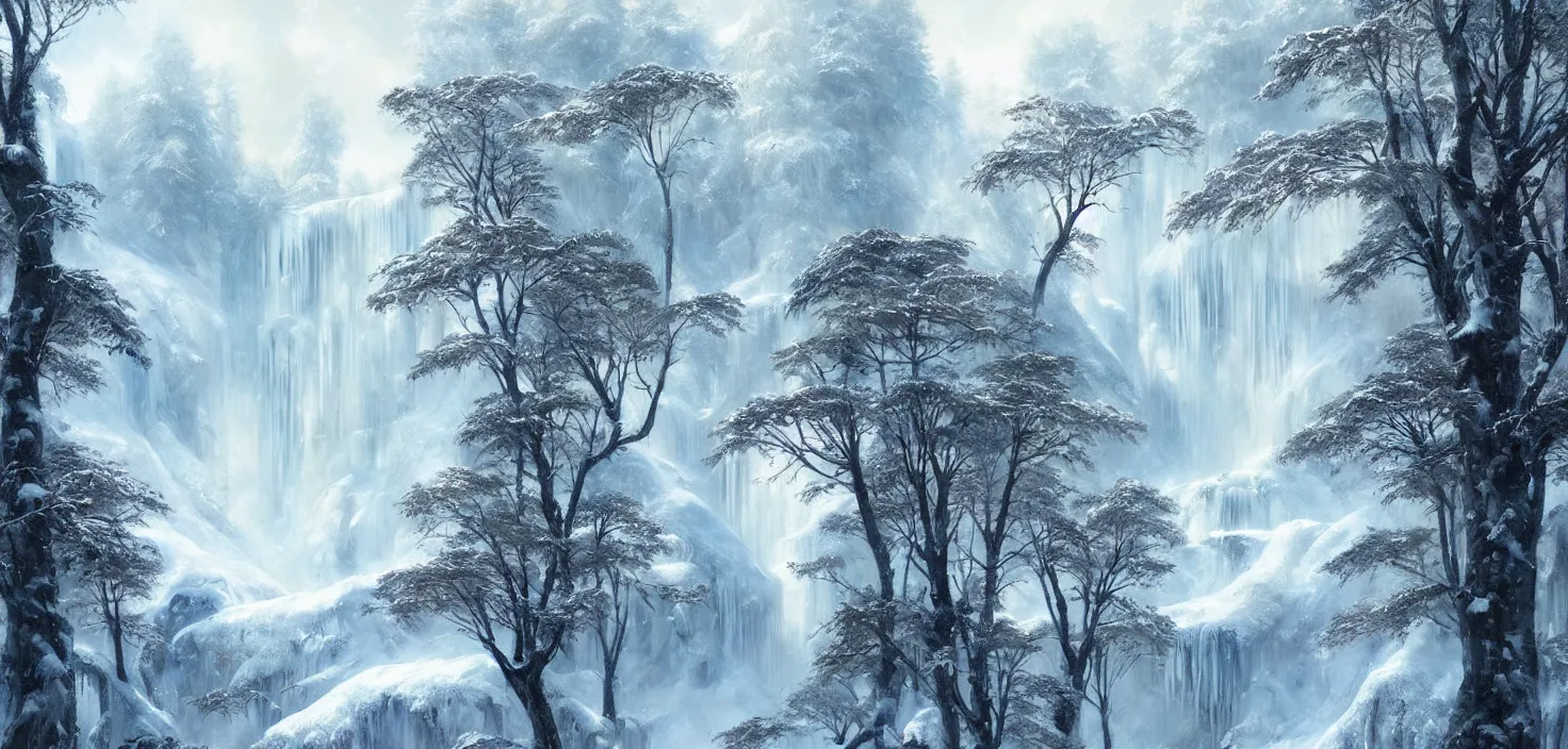 Image similar to the most beautiful panoramic landscape, oil painting, where a giant dreamy waterfall is frozen, the trees around have snow over their leafs, by greg rutkowski