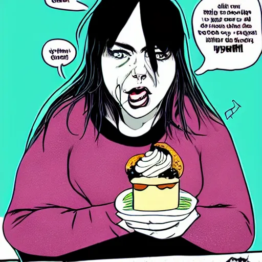 Image similar to Obese Billie Eilish eating cake in the style of Sandman comic