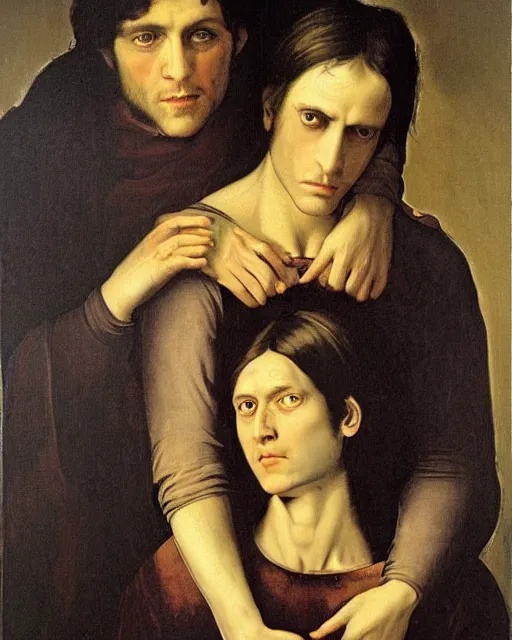 Prompt: a renaissance painting of two beautiful but sinister men wearing oxford shirts in layers of fear, with haunted eyes and dark hair, 1 9 7 0 s, seventies, wallpaper, a little blood, moonlight showing injuries, delicate embellishments, painterly, offset printing technique, by brom, robert henri, walter popp