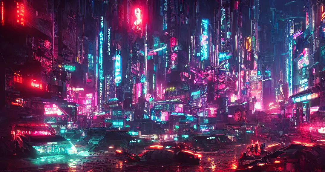 Prompt: cyberpunk city, neon signs, robot samurai fighting cyborg cowboys, dark, apocalyptic, intricate, detailed, volumetric lighting, scenery, digital painting, highly detailed, artstation, sharp focus, illustration, concept art