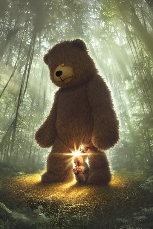 Image similar to mean fluffy teddybear protecting girl in a forest with rays of light coming through the canopy, masterpiece, dystopian, sci-fi, extremely detailed, digital painting, sculpted in zbrush, artstation, concept art, smooth, sharp focus, illustration, chiaroscuro lighting, golden ratio, incredible art, artgerm, greg rutkowski, alphonse mucha, simon stalenhag, carravaggio