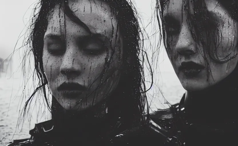 Image similar to cinestill 5 0 d candid photographic portrait by christopher nolan of two loving female androids wearing rugged black mesh techwear in treacherous waters, extreme closeup, modern cyberpunk moody emotional cinematic, pouring rain, 8 k, hd, high resolution, 3 5 mm, f / 3 2, ultra realistic faces, ex machina