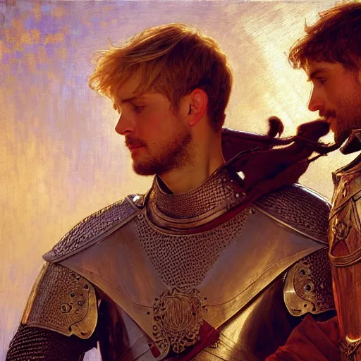 Image similar to attractive arthur pendragon and his attractive male knight, they are in love, natural lighting, path traced, highly detailed, high quality, digital painting, by gaston bussiere, craig mullins, alphonse mucha j. c. leyendecker