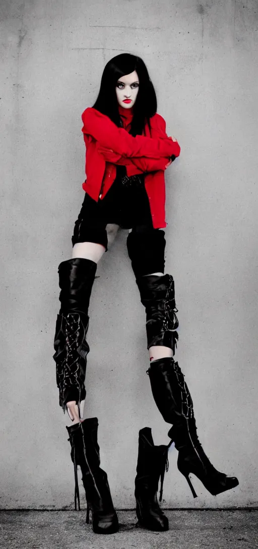 Prompt: Grunge Girl with red and black hair, tall black boots, grunge, photography, full-body, head to toe