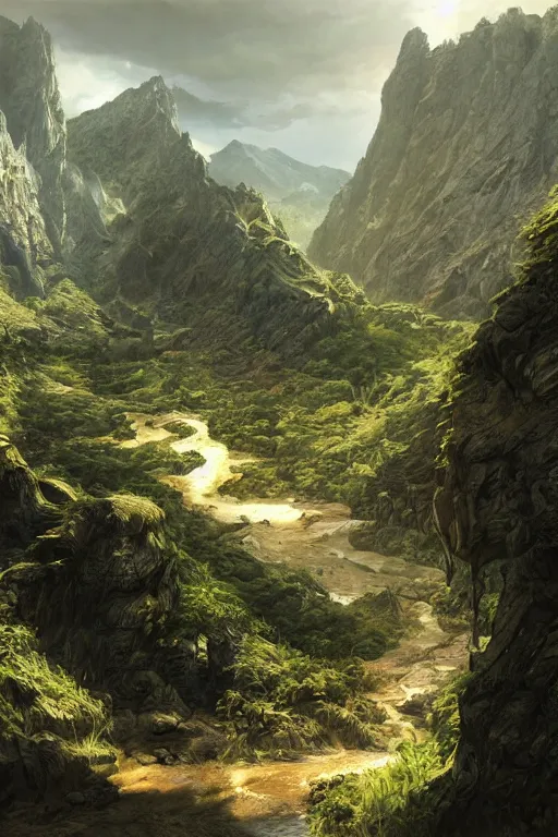 Image similar to the lost valley, landscape, alex ross, david finch, concept art, matte painting, highly detailed, rule of thirds, dynamic lighting, cinematic, detailed, denoised, centerd