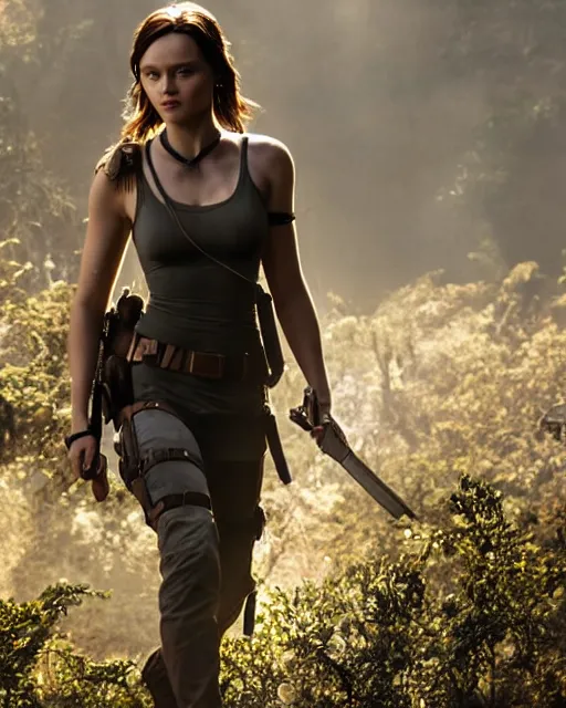 Image similar to bella heathcote as lara croft, golden hour, cinematic