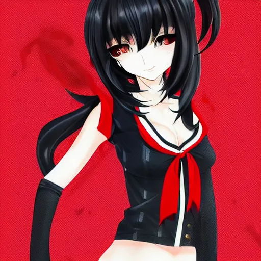 Prompt: luxury advertisement, badass, epic, astonishing portrait of a very beautiful anime schoolgirl with black bob hair, red ribbon, full perfect face, she is dancing. Realistic, highly detailed red and black background, artstation, 120 degree view, drawn by Sasoura, Satchely and Akihiko Yoshida, no distortion