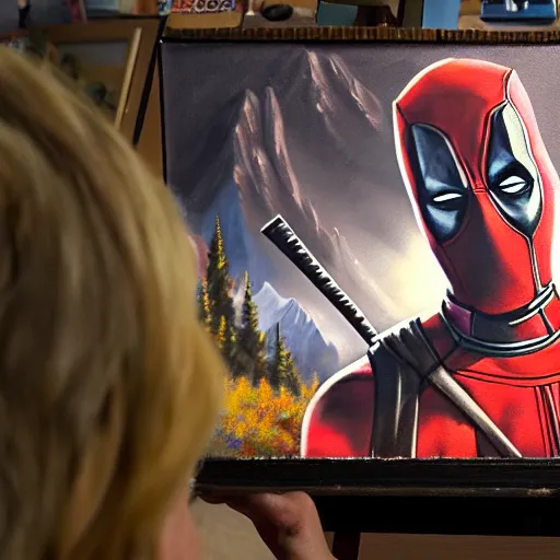 Image similar to a closeup photorealistic photograph of bob ross working on a canvas painting of deadpool. film still. brightly lit scene. mountains and trees. this 4 k hd image is trending on artstation, featured on behance, well - rendered, extra crisp, features intricate detail, epic composition and the style of unreal engine.