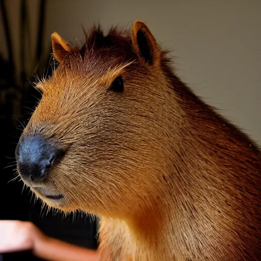 Prompt: a king capybara sitting on his chair, the tources light the scene, a table filled with food