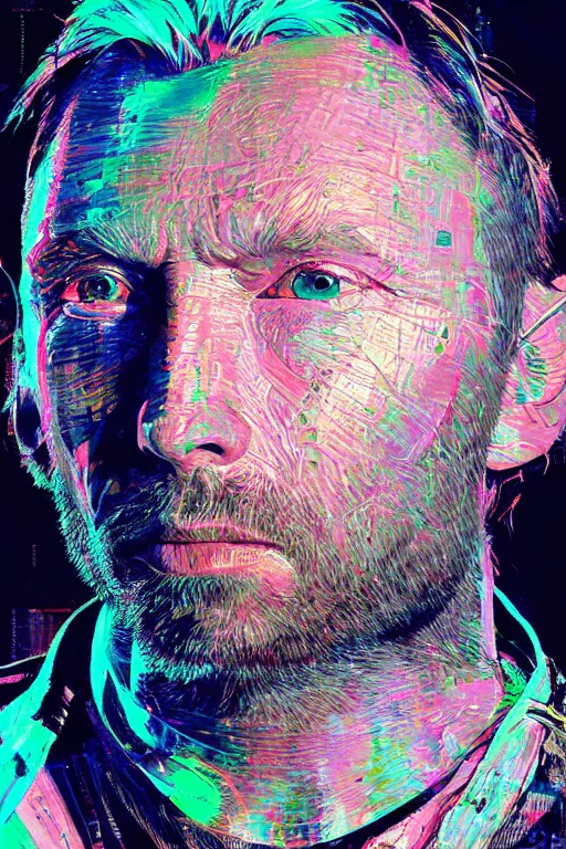 Prompt: A portrait of Thom Yorke as a cyberpunk, iridescent highlights, background of digital greebles, highly detailed, intricate, soft, sci-fi, sharp focus, glowing lines, art by Ruan Jia and Moebius