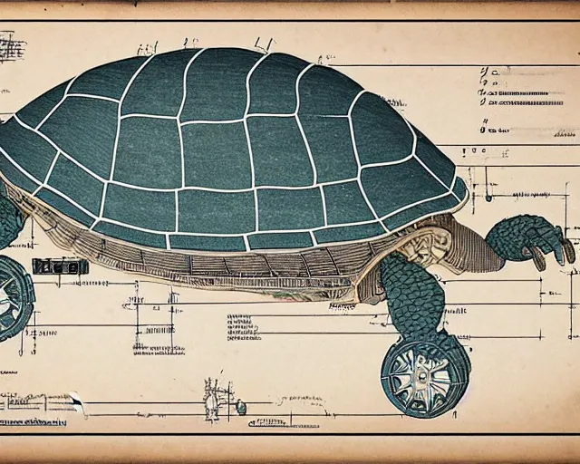 Prompt: a full page of a mechanical blueprint showing a design for a mechanized turtle from howl's moving castle ( 2 0 0 4 ), with a big head, muted colors, post grunge, studio ghibli, hq,