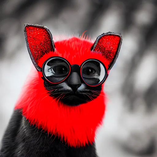 Prompt: a cat wearing a black robe with red fuzz, round glasses, red goat horns, close up, 4k, detailed, professional photography