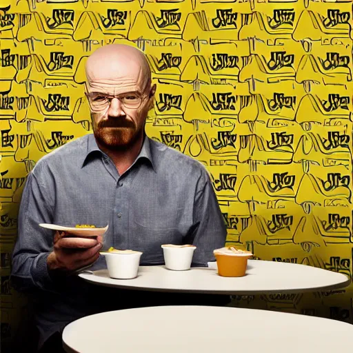 Prompt: walter white eating at mcdonald's, mcdonald's interior background, photo