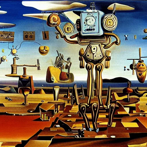 Prompt: wide shot scenery filled with robots and a giant ant with clocks salvador dali painting