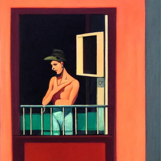 Prompt: a wide angle fine art painting of man with black hair smoking a spliff at the glass door of a balcony at night shown from inside, inspired by the style edward hopper, toned orange and pastel pink