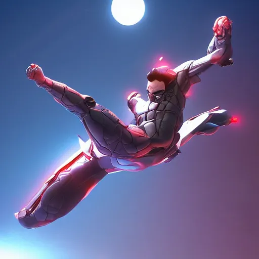 Image similar to Invincible (Image Comics) flying in an heroic pose, trending on artstation, volumetric lighting, micro details, ray tracing, 8k