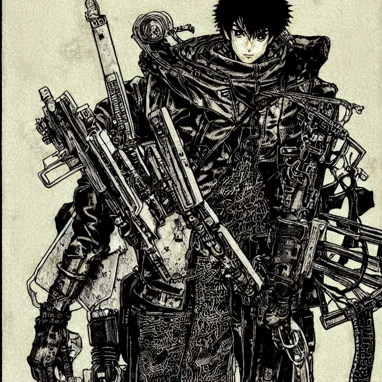 Prompt: cursed illustration of cyberpunk wired hunter, manga style of kentaro miura, by norman rockwell, weirdcore