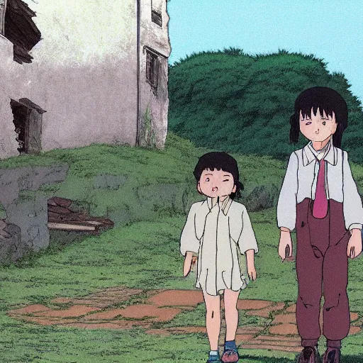 Image similar to ghost of a young girl, a burnt out village, cel shaded, studio ghibli, hayao miyazaki