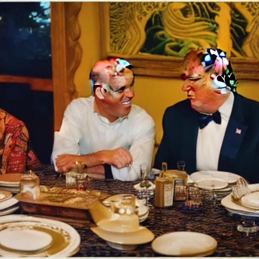 Image similar to Trump and Biden having dinner at a fancy Balinese restaurant, award winning photography, 85mm, perfect faces, zoom