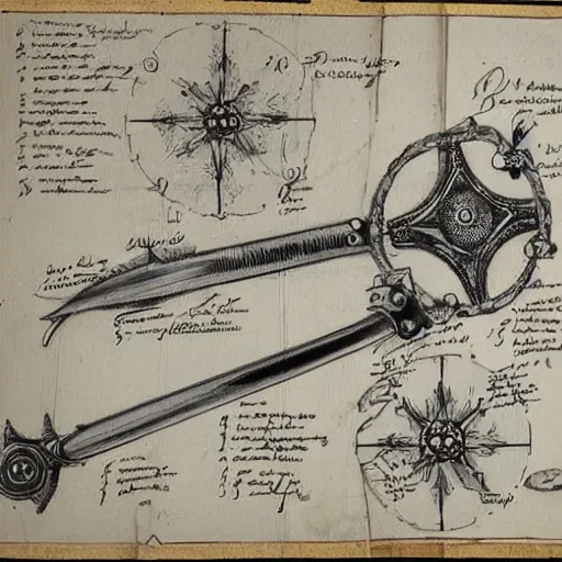 Image similar to technical drawing of a rapier, weapon design, flower adorned, delicate, detailed map, notes, scribbles, old paper