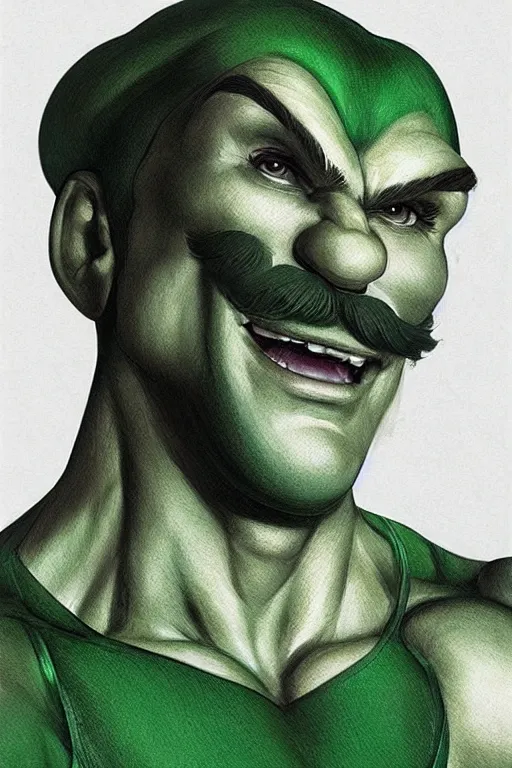 Prompt: muscular luigi wearing a green jumpsuit by ilya kuvshinov, bodybuilder ernest khalimov, super mario bros symmetrical face concept art, hyper realistic, intricate, elegent, highly detailed, digital painting, concept art, smooth, sharp, focus, illustration, art by artgerm and greg rutkowski and alphonse mucha, artstation